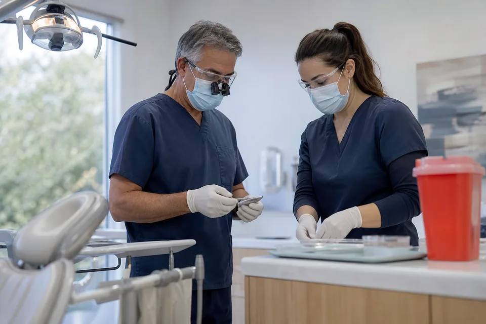 Lekarz dentysta i asystentka stomatologiczna w rękawicach i maskach przy fotelu
